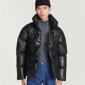 Sandro Paris leather oversized puffer down thick padded jacket coat small